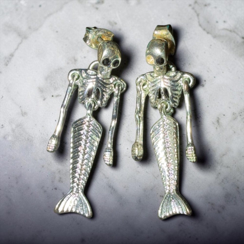 Silver Tone Mermaid Skeleton Drop Earrings Nautical Gothic Dangle 1.5 Inch